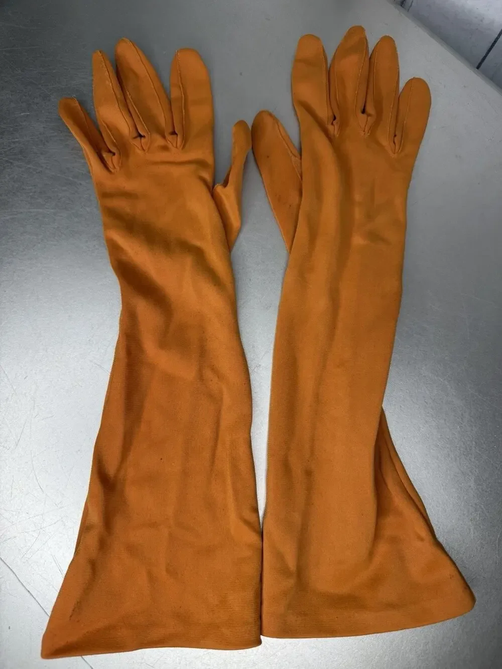 Vintage 50s 60s Orange Cotton Blend Elbow Gloves Pull On Approx Size 7 Driving